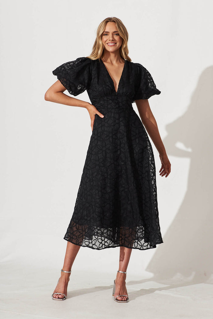 Royal Affair Midi Dress In Black Flower Organza - full length
