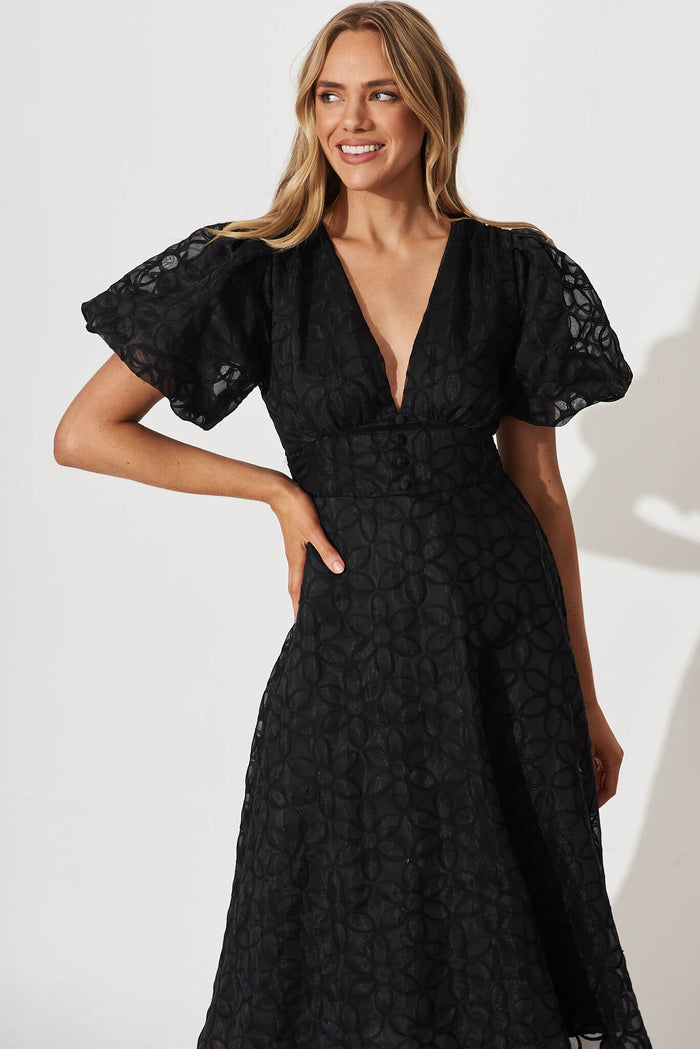 Royal Affair Midi Dress In Black Flower Organza - front