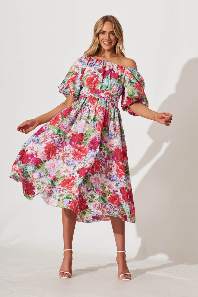 Jamilia Midi Dress In Magenta Multi Floral Cotton - full length