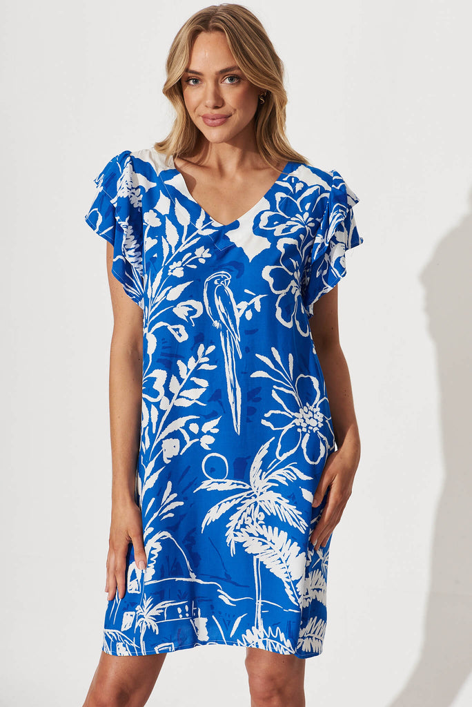 Isla Dress In Blue With White Floral - front