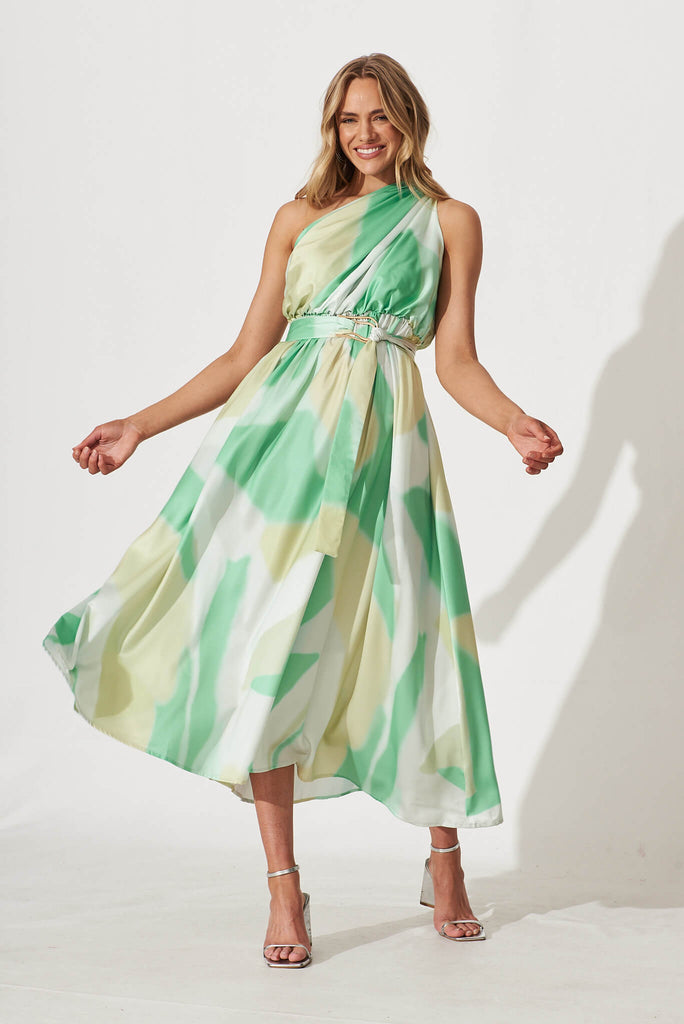 Bernadette One Shoulder Midi Dress In Green Swirl Print - full length