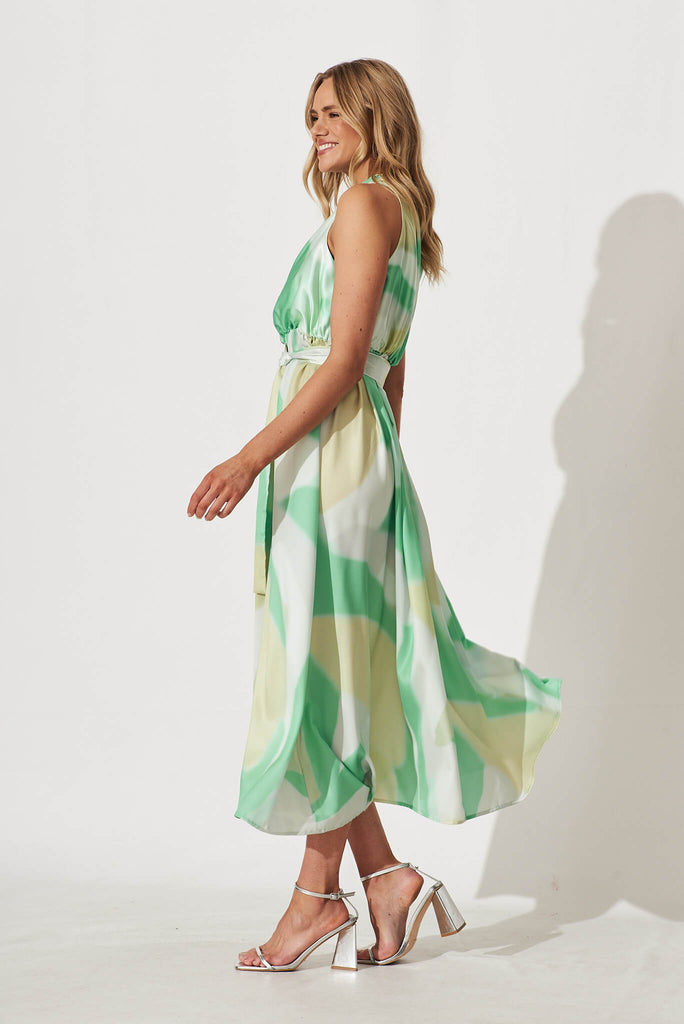 Bernadette One Shoulder Midi Dress In Green Swirl Print - left side