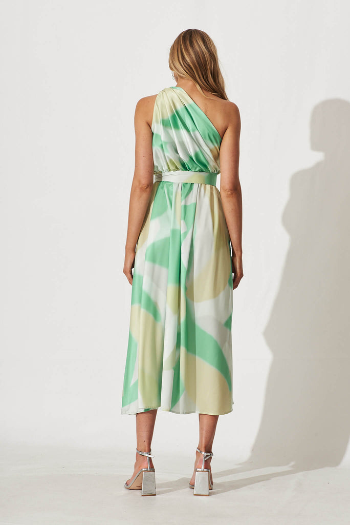 Bernadette One Shoulder Midi Dress In Green Swirl Print - back