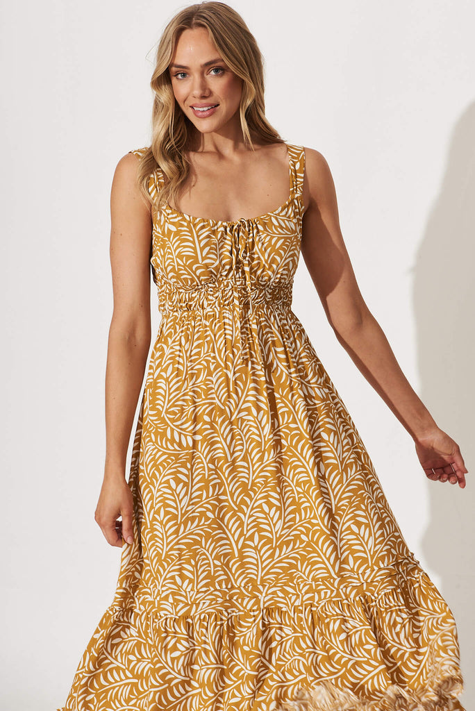 Beautiful Midi Dress In Mustard With White Leaf Print - front