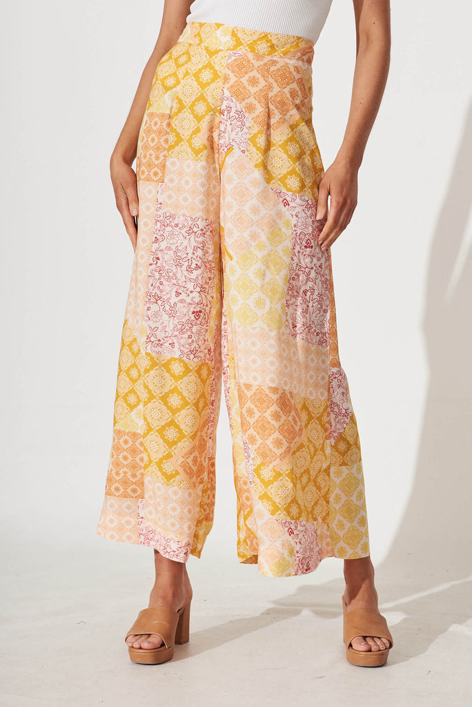 Mahalo Wide Leg Pant In Orange With Yellow Multi - front