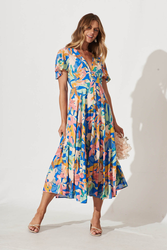 Nevada Maxi Dress In Cobalt With Multi Floral - full length