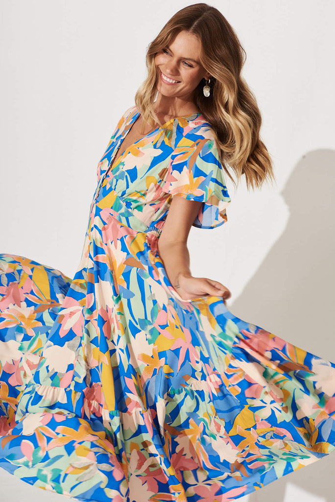 Nevada Maxi Dress In Cobalt With Multi Floral - front