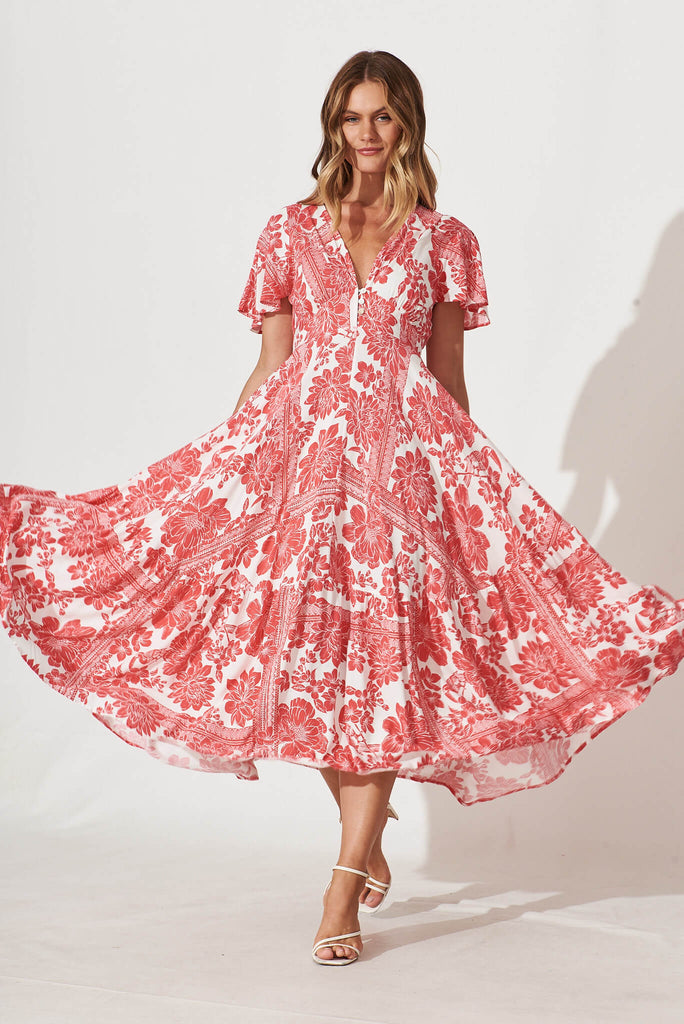 Nevada Maxi Dress In White With Raspberry Patchwork Floral - full length