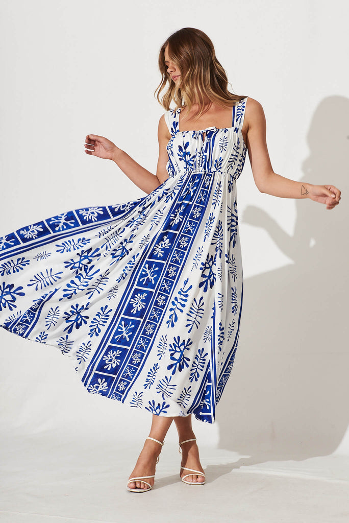 Kita Maxi Dress In Cobalt With White Print - full length