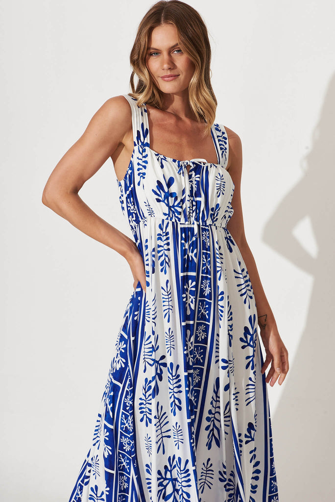 Kita Maxi Dress In Cobalt With White Print - front