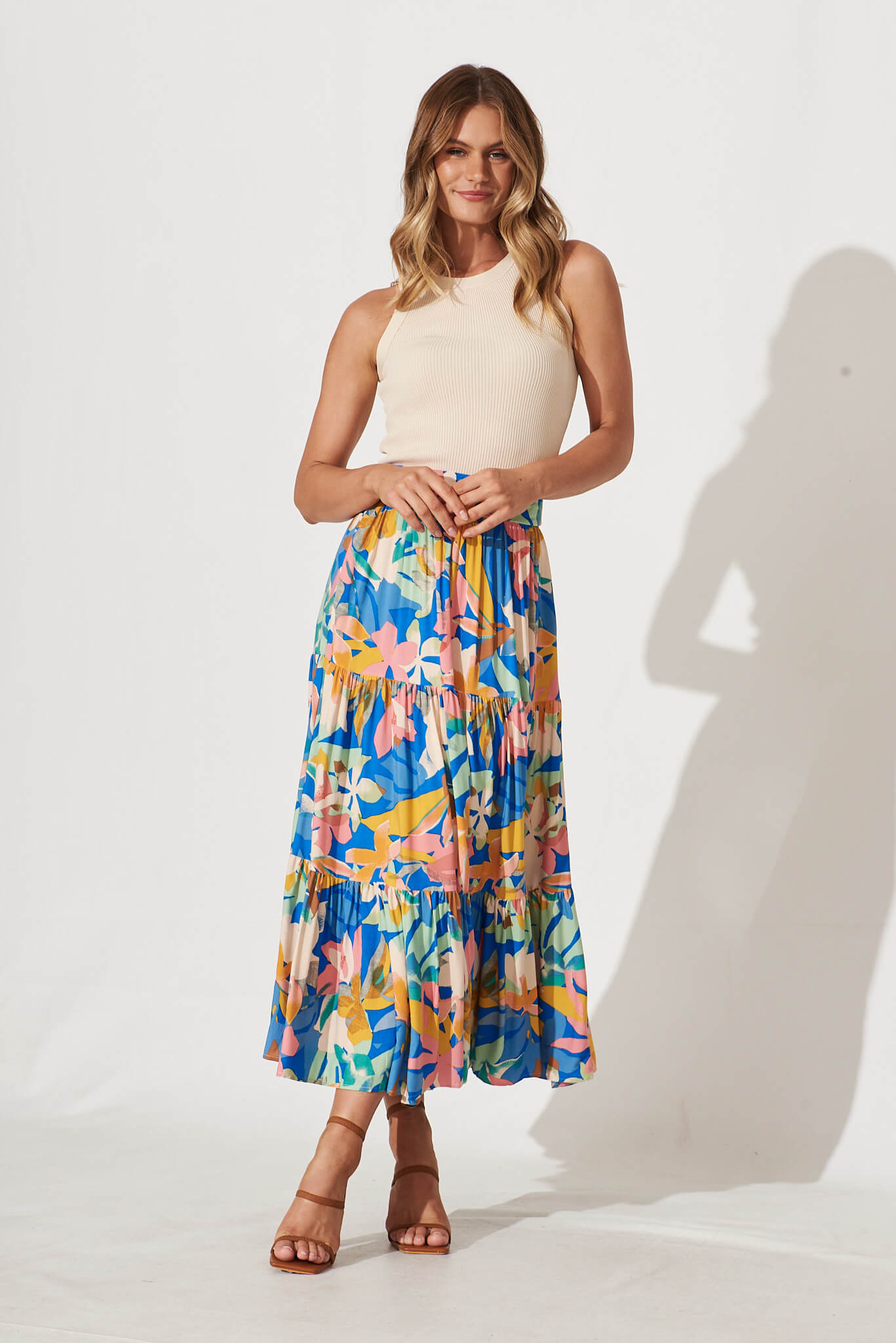 Wanderlust Maxi Skirt In Cobalt With Multi Floral - full length