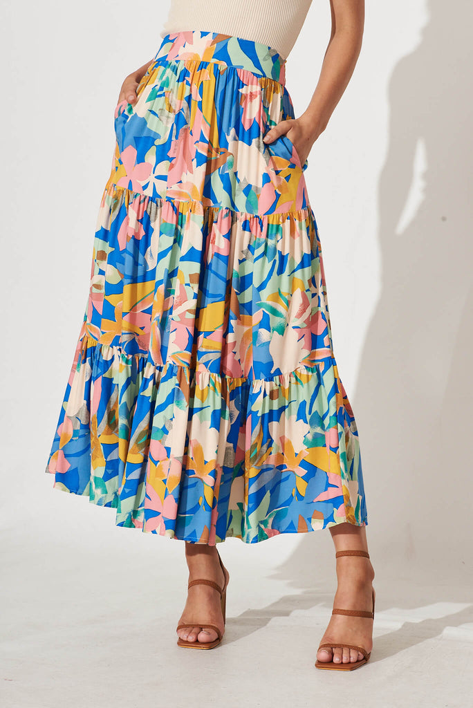 Wanderlust Maxi Skirt In Cobalt With Multi Floral - front