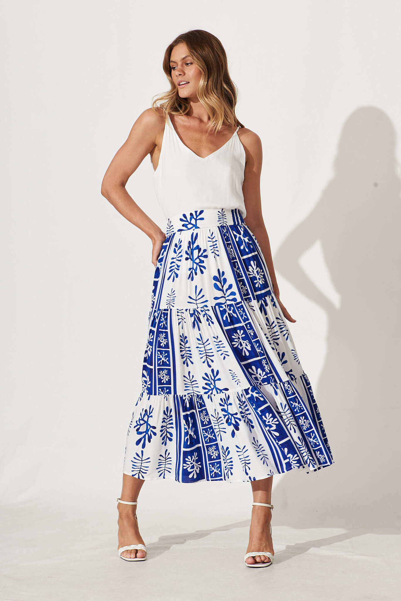 Wanderlust Maxi Skirt In Cobalt With White Print - full length