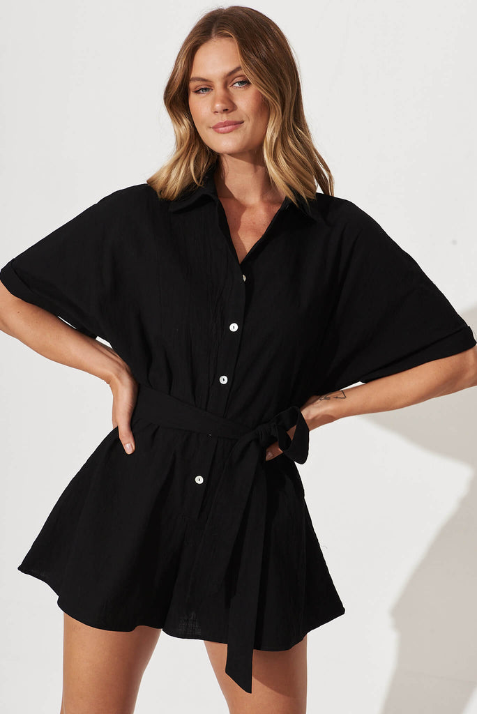 Rising Sun Playsuit In Black Cotton - front