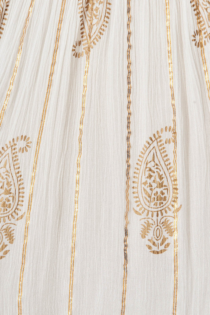 Elliott Dress In White With Gold Print - fabric