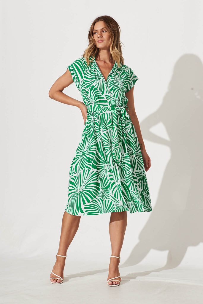 Joanie Midi Shirt Dress In Green And White Palm Print - full length