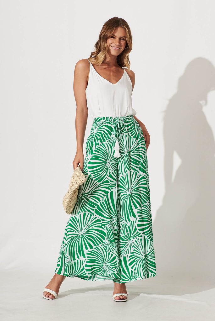 Lucia Pant In Green And White Palm Print - full length