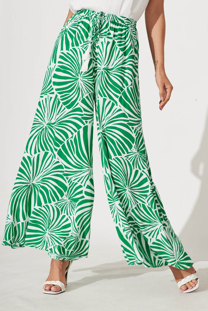 Lucia Pant In Green And White Palm Print - front