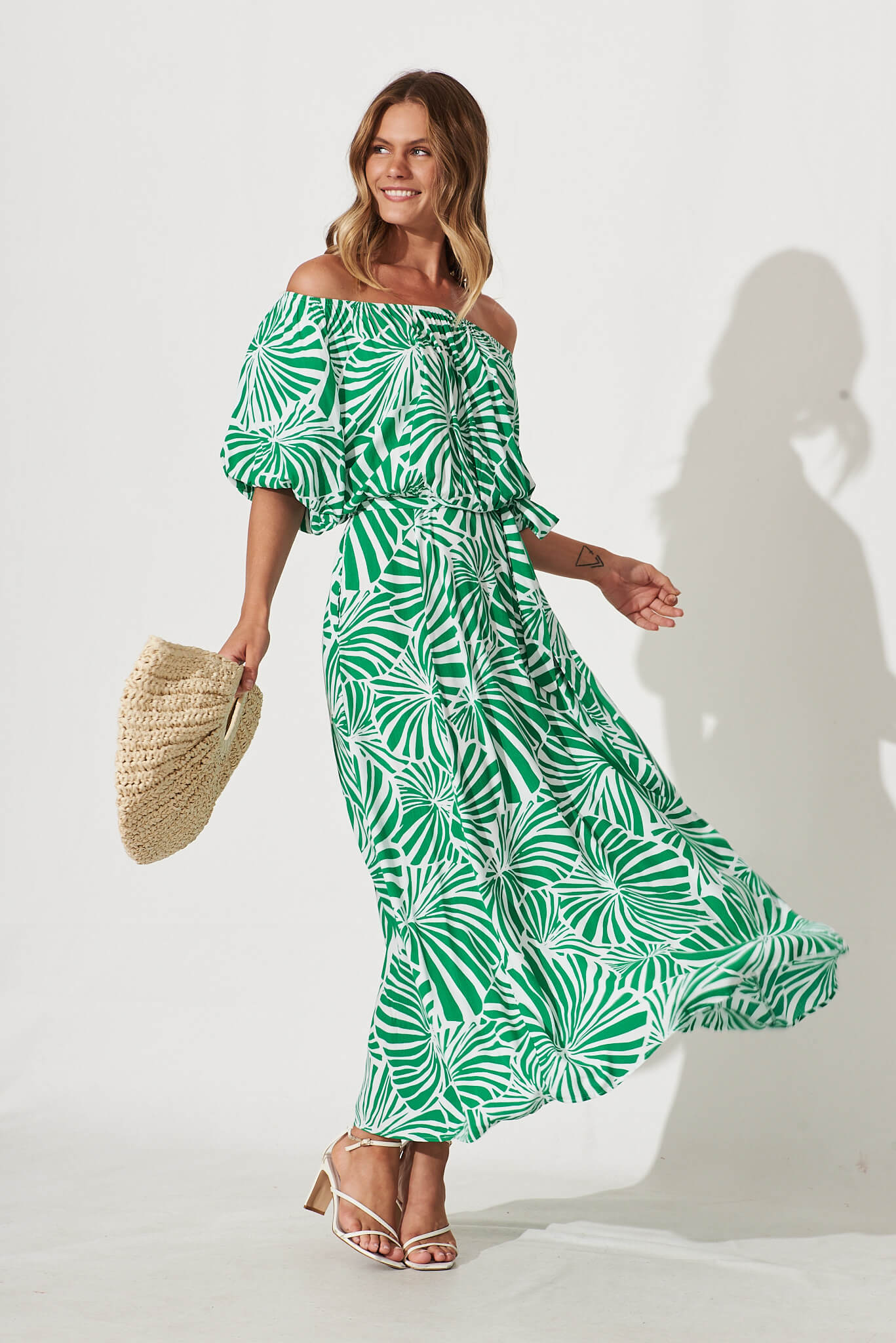 Raquelle Maxi Dress In Green And White Palm Print - full length