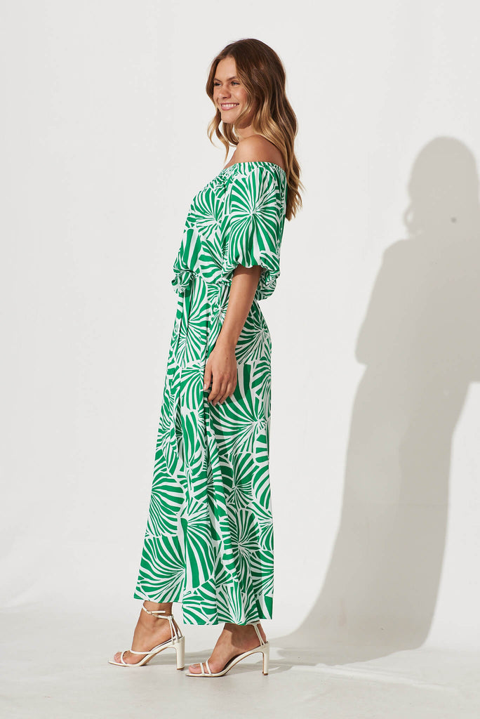 Raquelle Maxi Dress In Green And White Palm Print - side