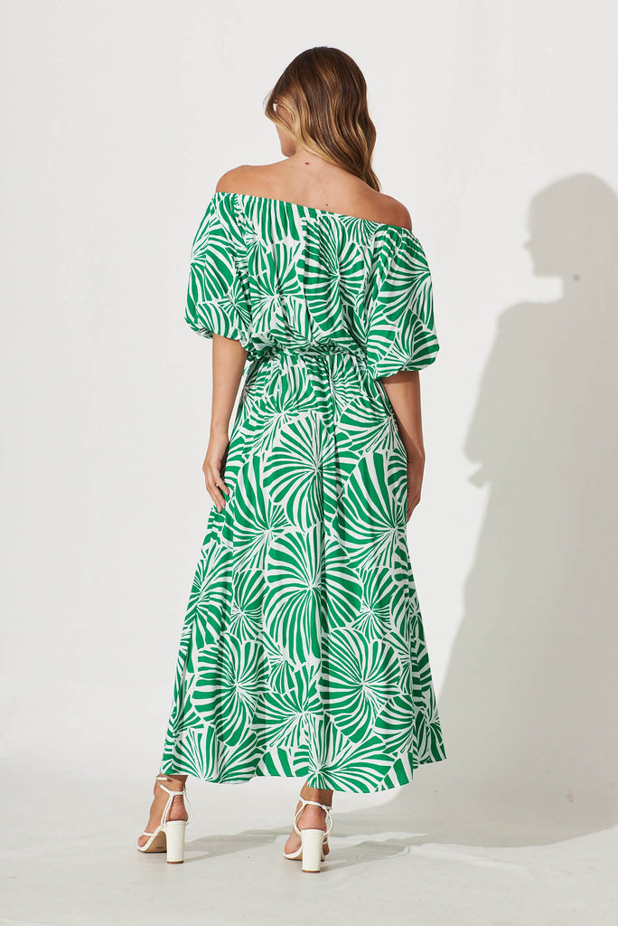 Raquelle Maxi Dress In Green And White Palm Print - back