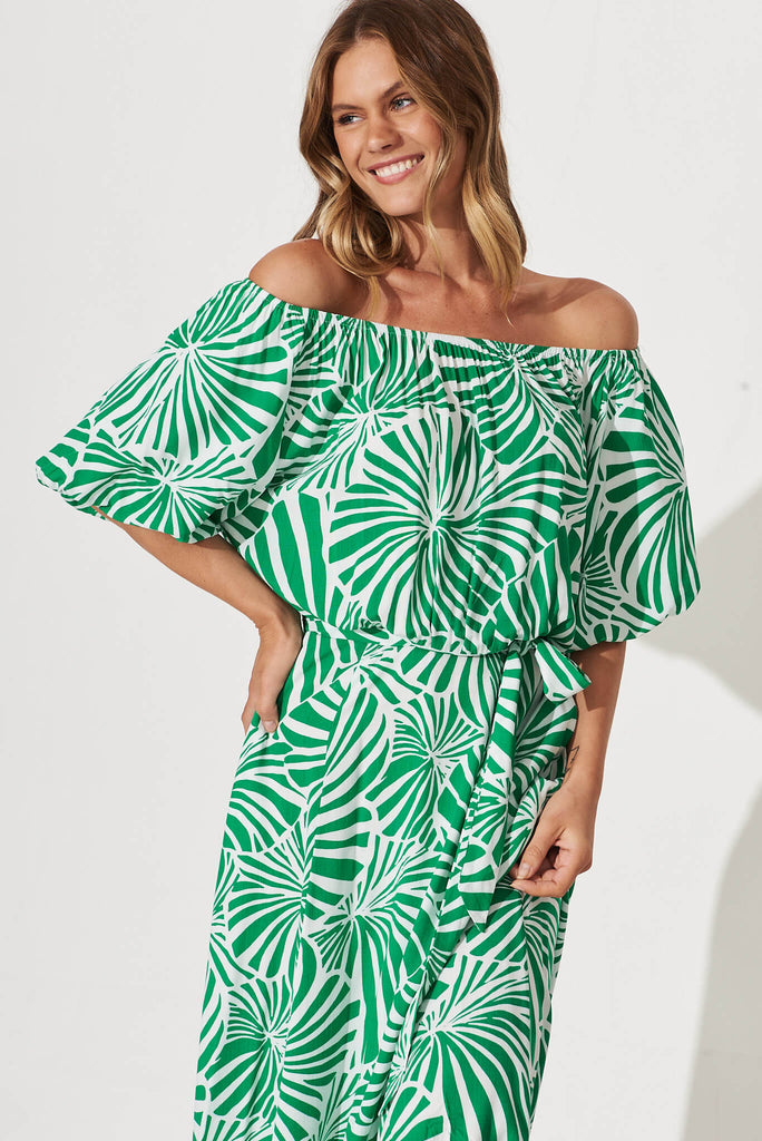 Raquelle Maxi Dress In Green And White Palm Print - front