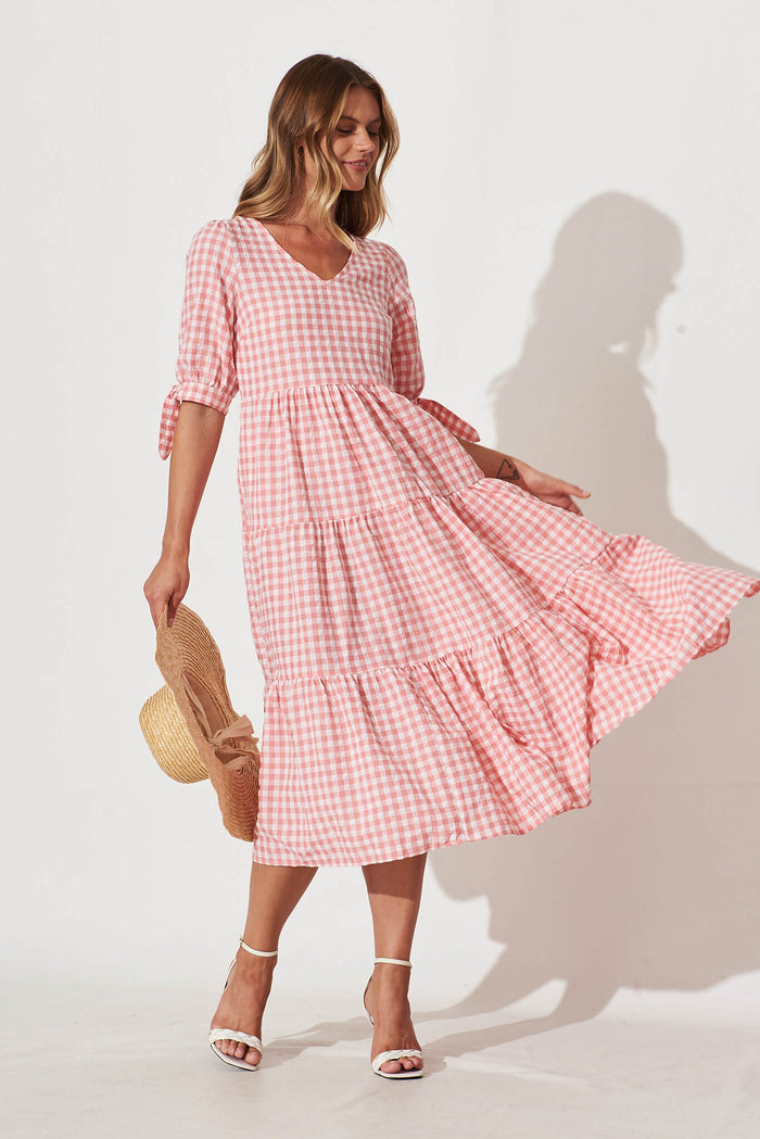 Odewick Midi Dress In Watermelon Pink Gingham - full length