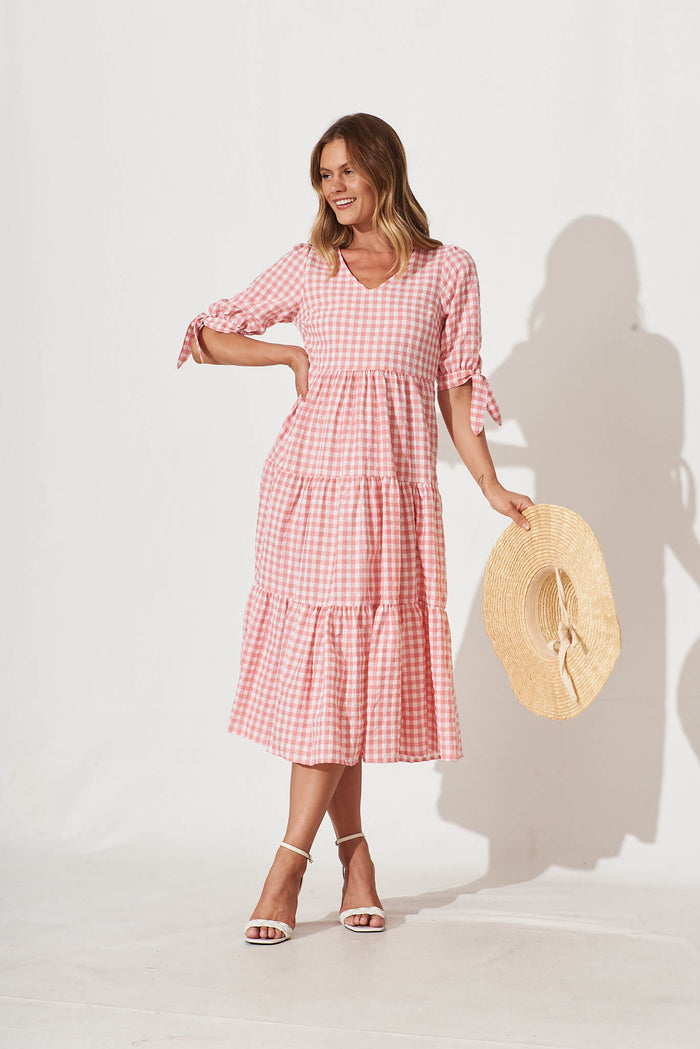 Odewick Midi Dress In Watermelon Pink Gingham - full length