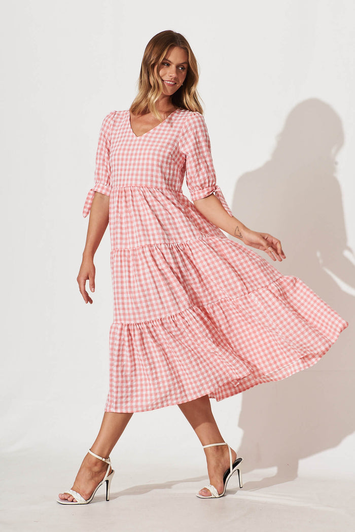 Odewick Midi Dress In Watermelon Pink Gingham - side