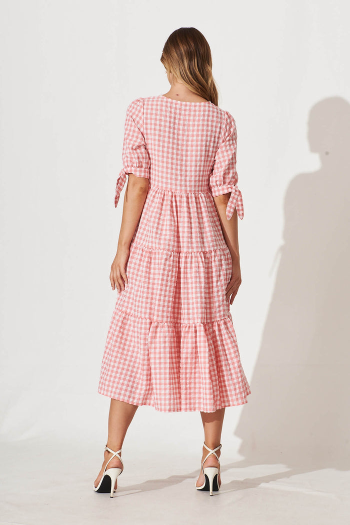 Odewick Midi Dress In Watermelon Pink Gingham - back