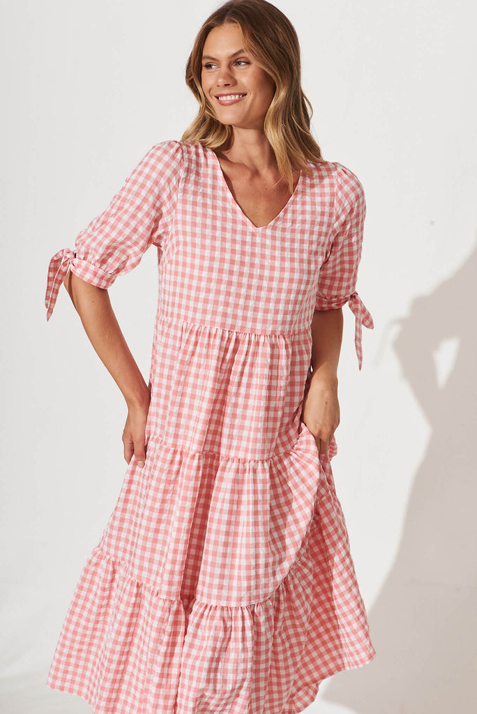 Odewick Midi Dress In Watermelon Pink Gingham - front