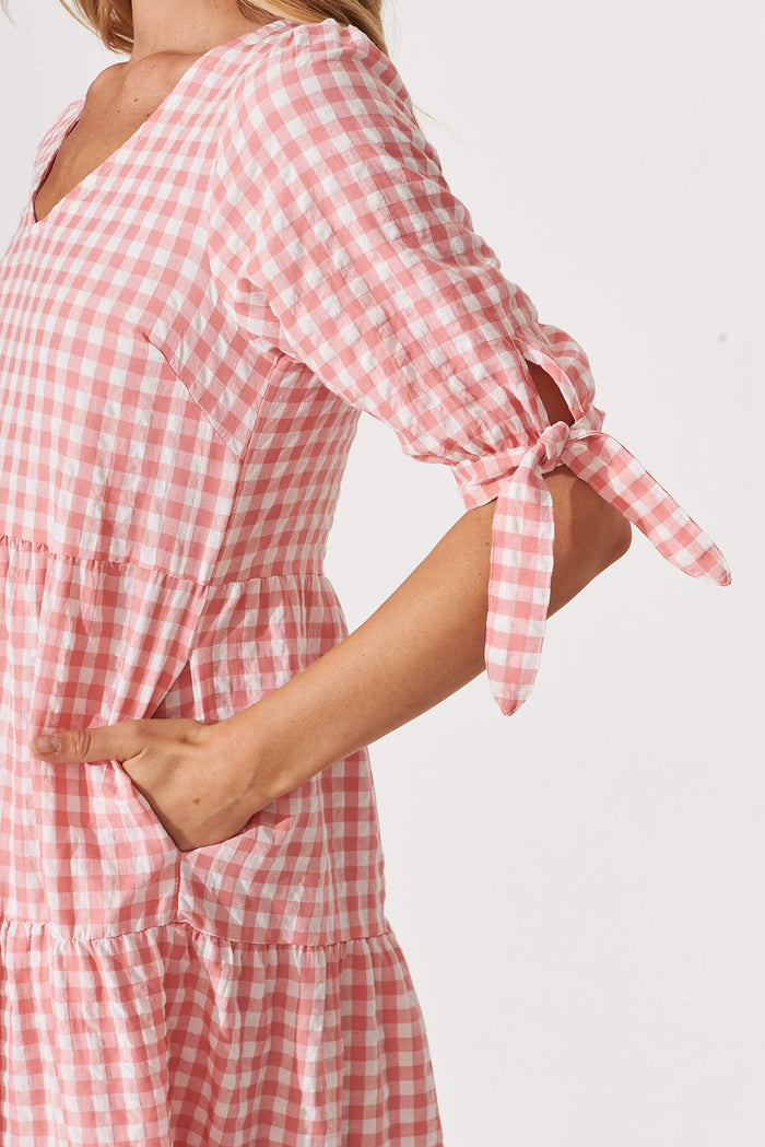 Odewick Midi Dress In Watermelon Pink Gingham - detail