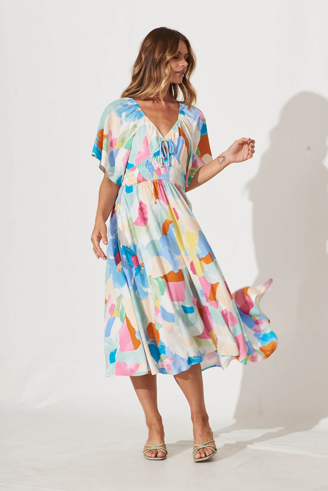 Virgo Midi Dress In Multi Watercolour Print - full length
