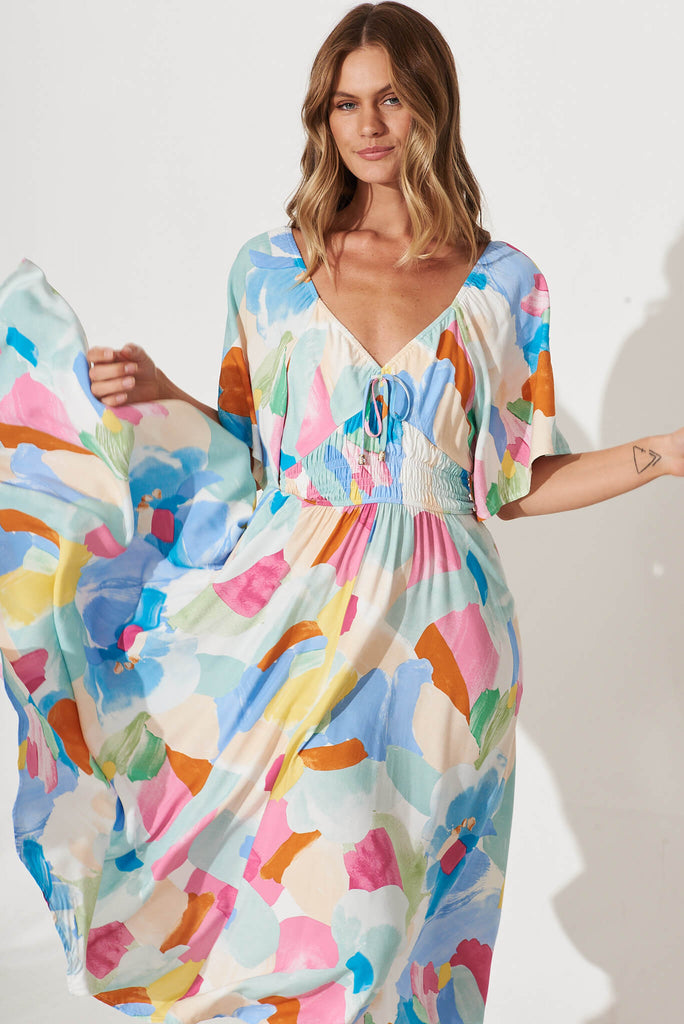 Virgo Midi Dress In Multi Watercolour Print - front