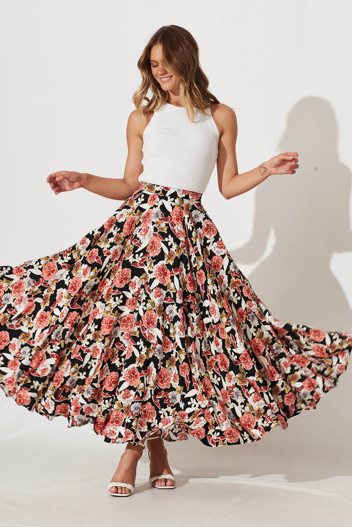 Blissful Maxi Skirt In Black With Pink Multi Floral - full length
