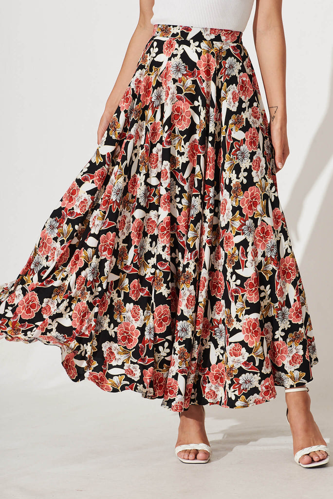 Blissful Maxi Skirt In Black With Pink Multi Floral - front