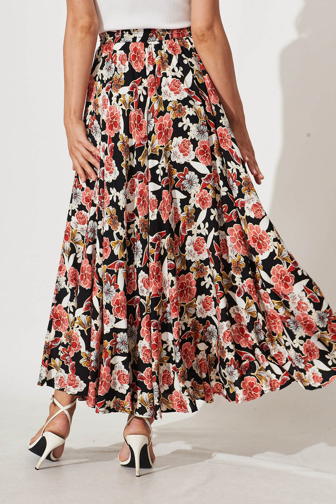 Blissful Maxi Skirt In Black With Pink Multi Floral - back