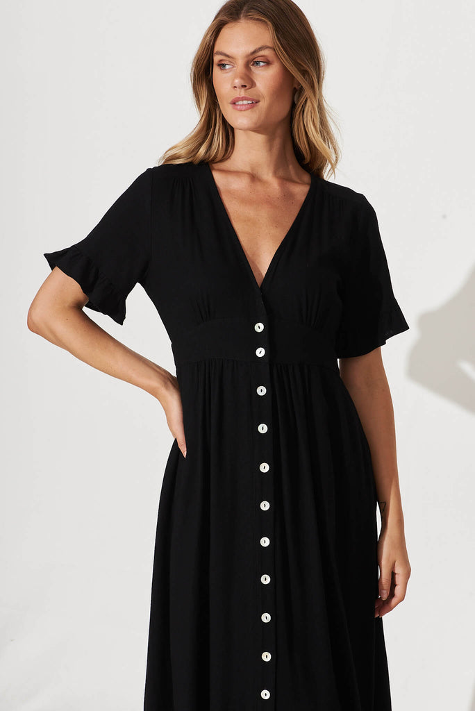 Aire Midi Dress In Black Linen - front