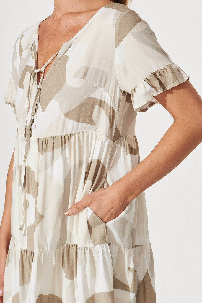Anderson Smock Dress In Khaki Geometric Print Linen Blend - detail