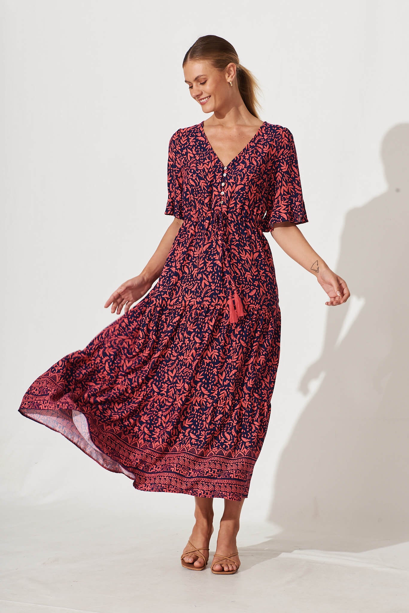 Refresh Maxi Dress In Navy With Coral Border Print - full length