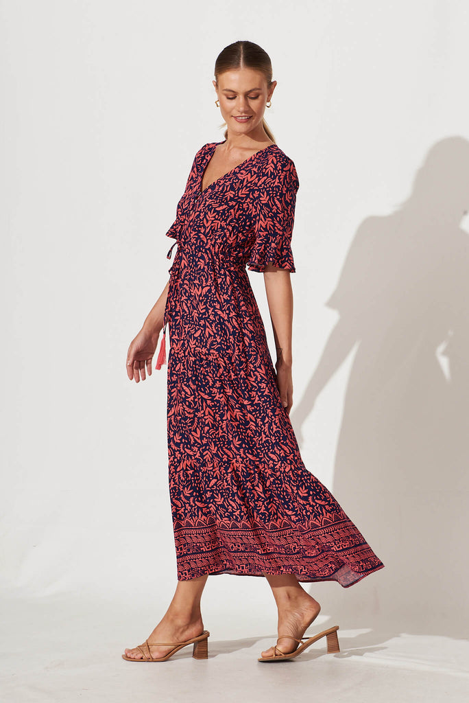 Refresh Maxi Dress In Navy With Coral Border Print - side