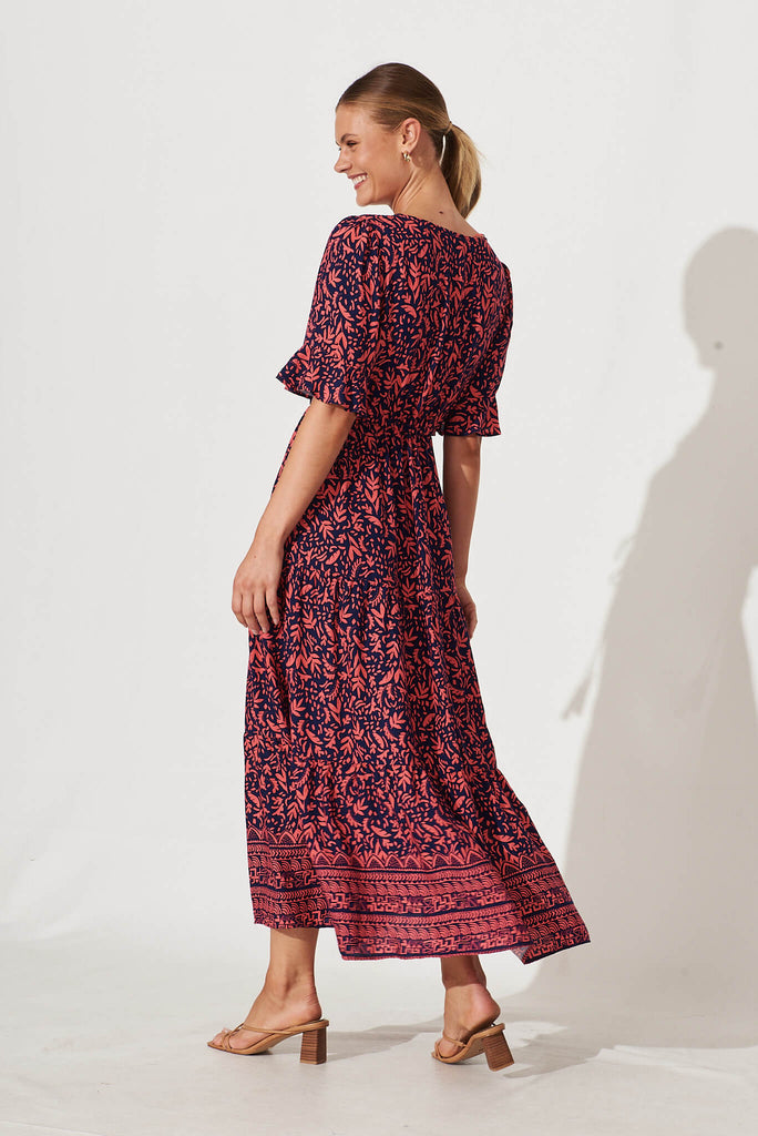 Refresh Maxi Dress In Navy With Coral Border Print - back