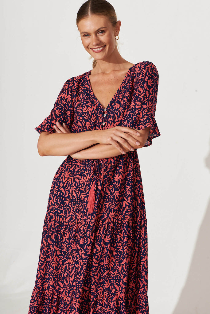 Refresh Maxi Dress In Navy With Coral Border Print - front