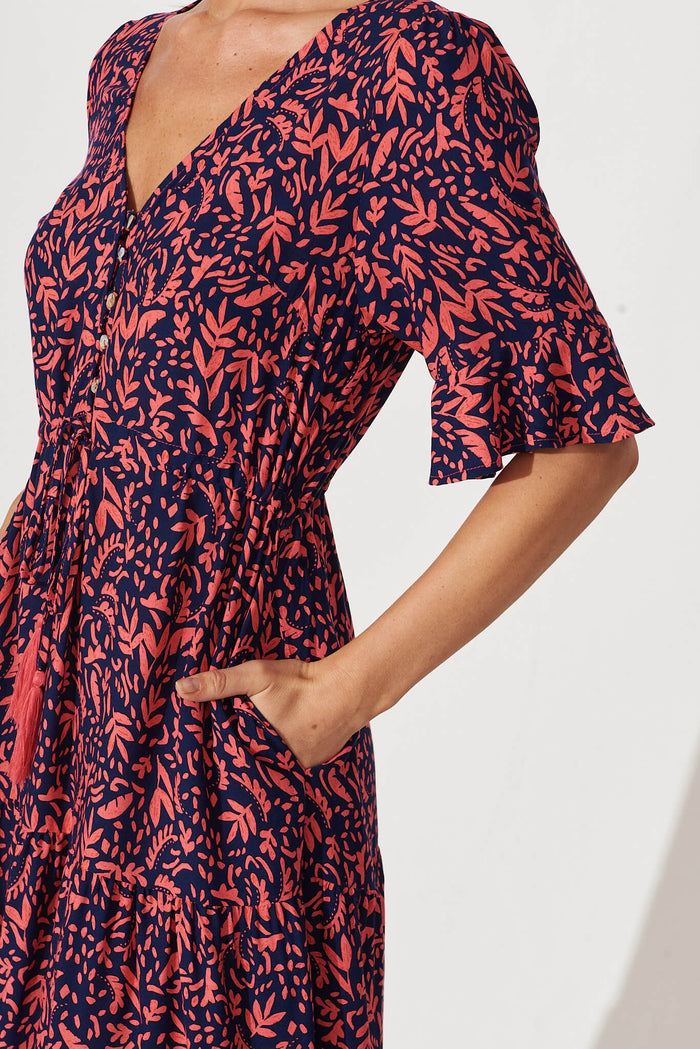 Refresh Maxi Dress In Navy With Coral Border Print - detail
