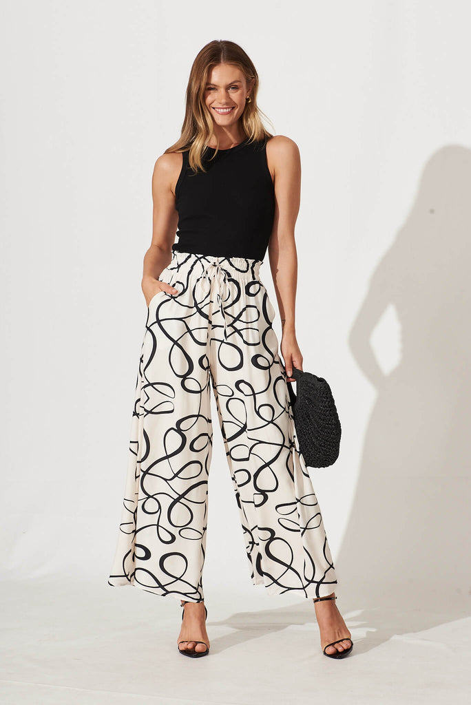 Goldie Wide Leg Pant In Cream With Black Swirl Print - full length