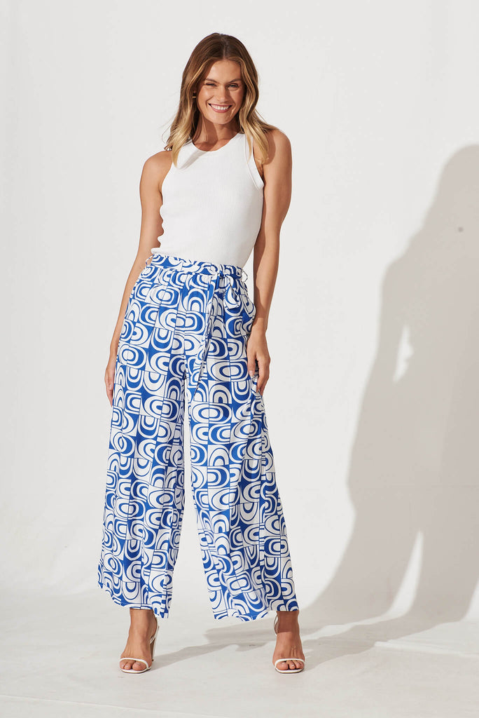 Mackillop Pant In White And Cobalt Geometric - full length