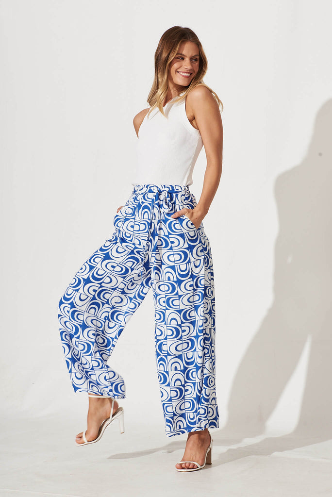 Mackillop Pant In White And Cobalt Geometric - full length