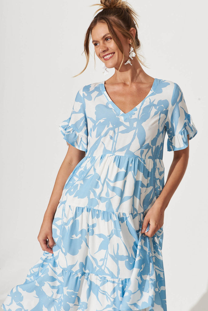 Kristen Midi Dress In White With Blue Floral Linen Blend - front