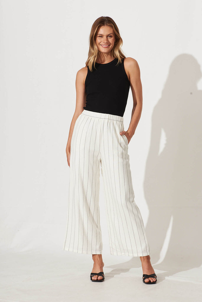 Eloisa Pant In Cream With Black Pinstripe Cotton Linen - full length