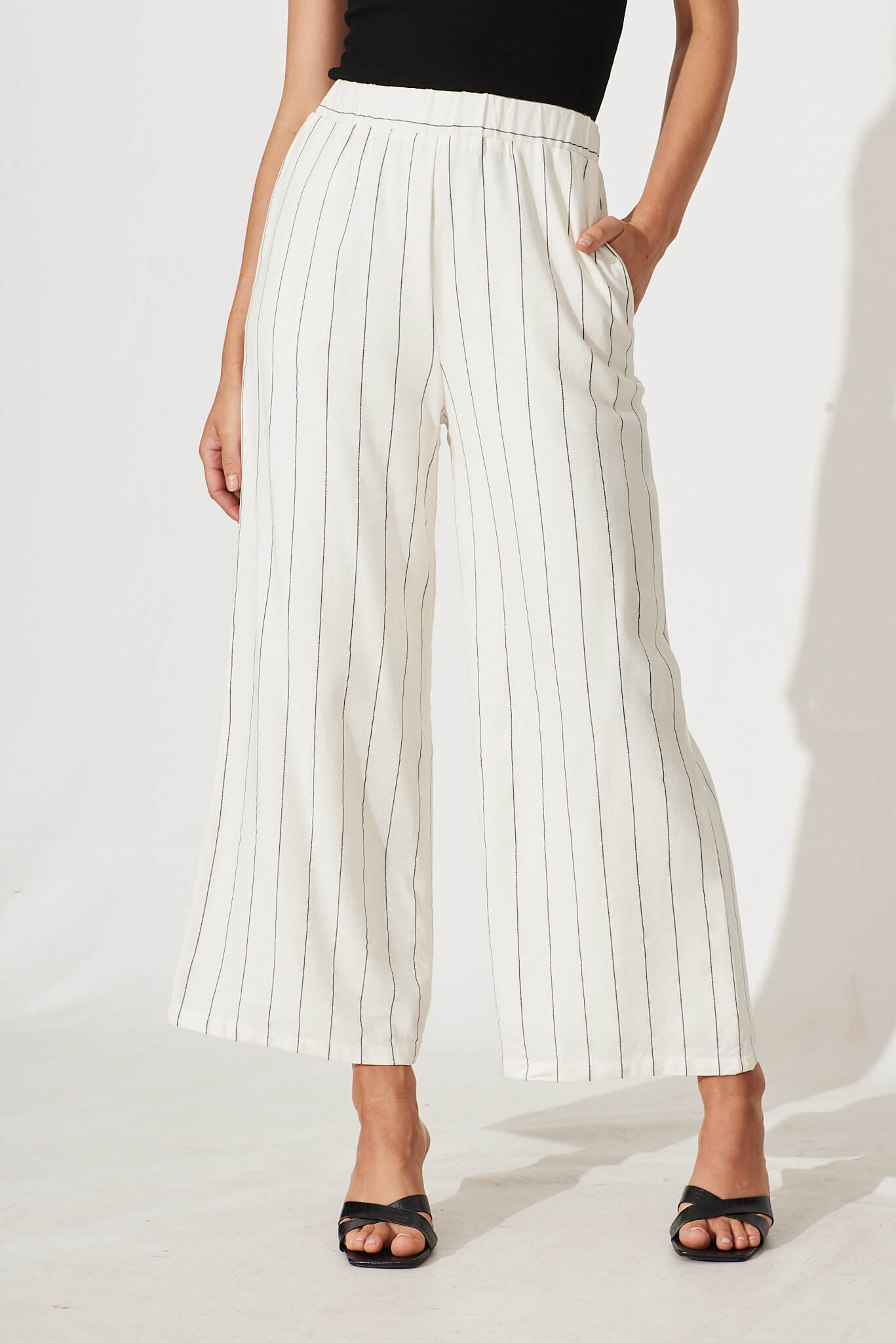 Eloisa Pant In Cream With Black Pinstripe Cotton Linen - front